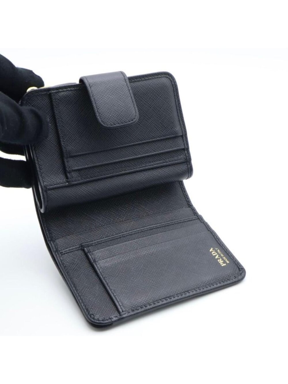 Prada Metal Logo Bifold Wallet Saffiano Leather Black L-shape - Picture 5 of 10